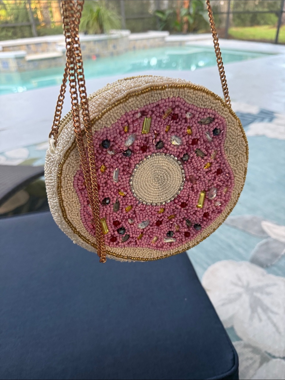 Pink Beaded Round Mini Crossbody Bag with Gold Chain